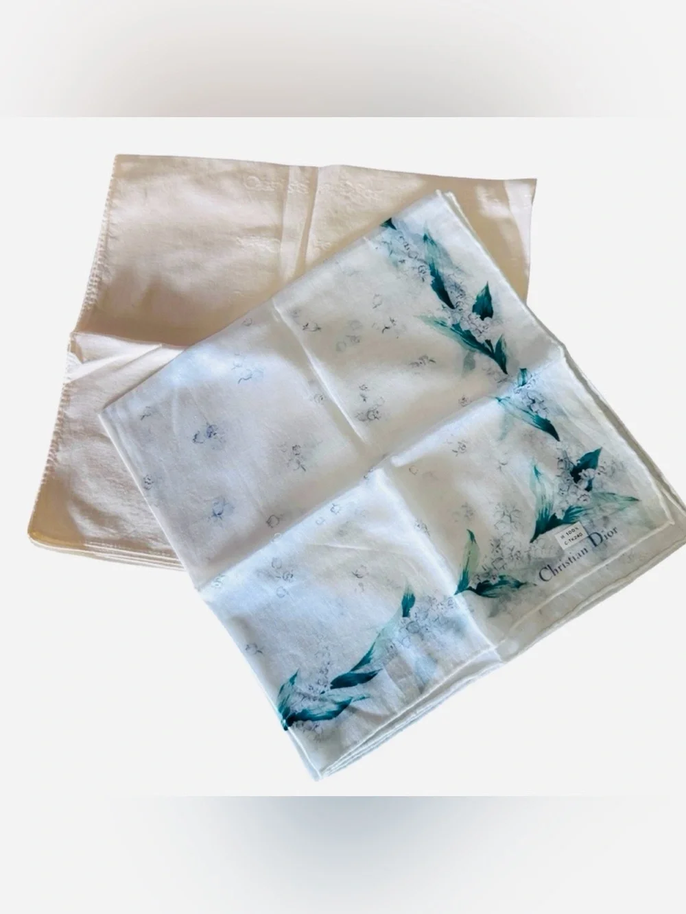 Dior Green and White Floral - Peach embossed Handkerchief Scarf Set